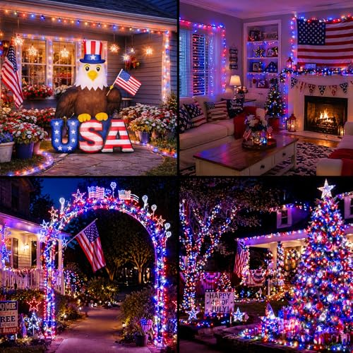 Couah 2 Pack 100 LED 38.4FT Red White and Blue Lights Battery Operated, Patriotic 4th of July Lights 8 Modes-Timer Indoor Outdoor Party Patriotic Memorial Day Independence 4th of July Decorations - size: 34.8FT-Red White Blue