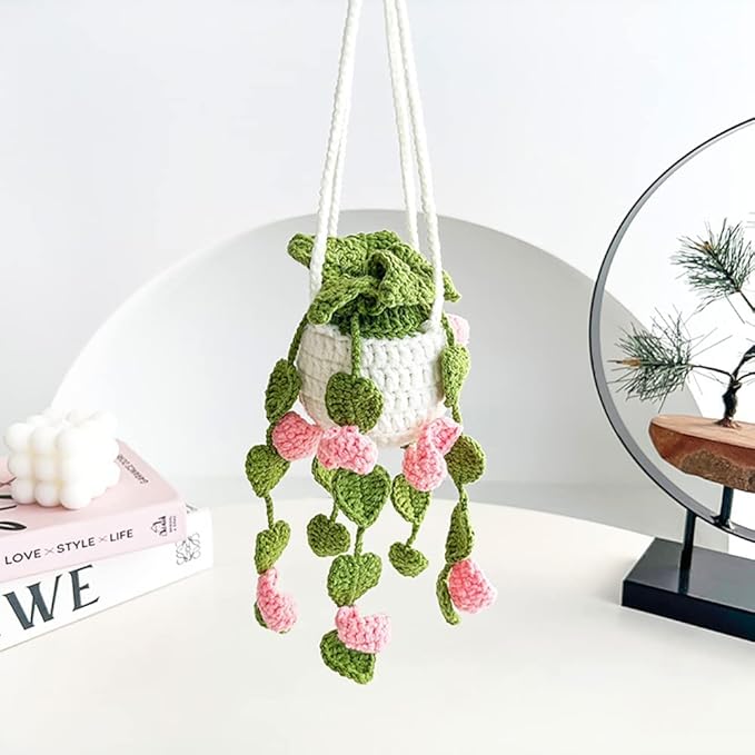 Crochet Hanging Plant for Car, Cute Car Plant Accessories, Knitted Plant Car Mirror Hanger, Boho Car Plant Crochet Hanging Basket (D)