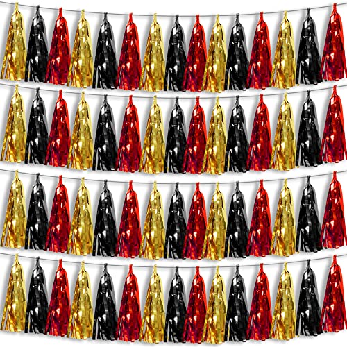 4P Black-Red Gold Foil Fringe Metallic Tassel Garland, Tassels Banner Streamers for Parade Floats, Bachelorette, Wedding, Birthday, Halloween, Christmas, Bridal/Baby Shower Party Decorations - color: Black Red Gold