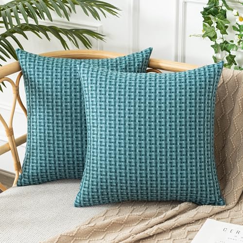 UGASA Outdoor Waterproof Pillow Covers Pack of 2 Weaving Texture Water Resistant Outside Decorative Pillow Cases for Patio Garden Porch Yard Bench Tent 16x16 Inch, Teal - color: Teal, size: 16" x 16" (Pack of 2)