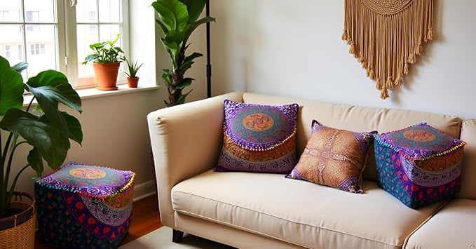 CRAFT KALA Mandala Meditation Floor Pillows Square Pillow Cover Seating Decorative Adults Bohemian Floor Cushion Cover Outdoor Living Room Throw Ottoman Poufs Cover 16X16X14 inches, Multi Six Color