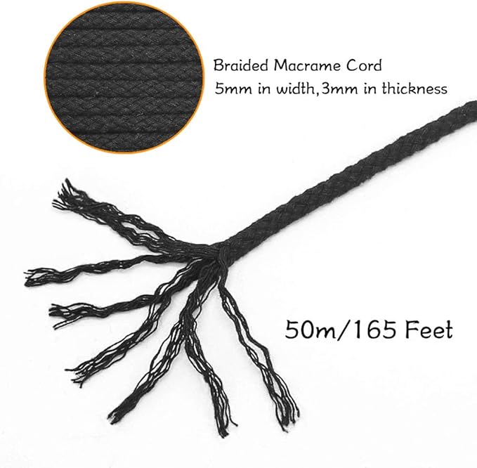 Tenn Well Black Macrame Cord, 165 Feet 5mm Wide Braided Cotton Rope for Macrame Plant Hangers, Wall Hangings, DIY Crafts, Halloween Decor