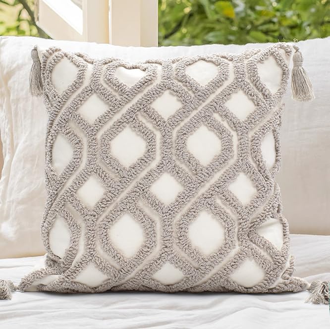 Boho Pillow Covers 18X18 Inch Boho Tufted Throw Pillow Covers Decorative Tassels Cushion Cover Farmhouse Pillow Case for Couch Sofa Bed Living Room Bedroom, Taupe - color: Boho Taupe, size: 18" x 18" (Pack of 1)