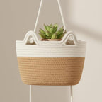 Hanging Wall Basket, Over the Door Hanging Basket with Hooks, Decorative Hanging Basket for Wall, Door, Nursery, Living Room, Bathroom, Cat-Like Design for Boho Decor, White & Jute