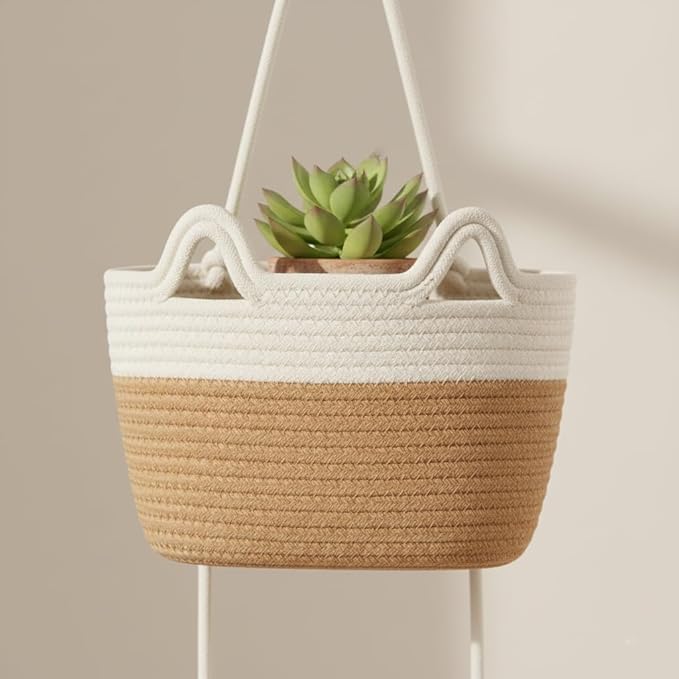 Hanging Wall Basket, Over the Door Hanging Basket with Hooks, Decorative Hanging Basket for Wall, Door, Nursery, Living Room, Bathroom, Cat-Like Design for Boho Decor, White & Jute