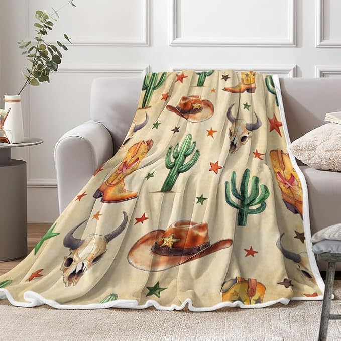 Western Cowboy Blankets, Wild West Flannel Throw Blanket, Soft, Flannel, Warm, West Cowboy Cactus and Cowboy Hat Throw Blanket Decor Rustic Cowboy Bed Blankets for Bedroom 60X90 Inch