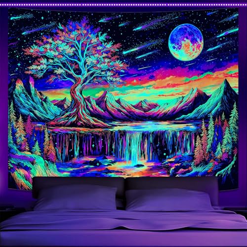 Zussun Blacklight Tree of Life Tapestry UV Reactive Moon Mountain Forest Waterfull Tapestry for Bedroom Aesthetic Nature Small Tapestries Wall Hanging for Dorm Living Room Decor 48 x 36 Inch - color: Warm Red, size: 48"L x 36"W