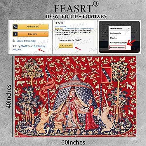 FEASRT European Medieval Royal Tapestry Maiden and Unicorn Tapestry Lady Tapestry, 60x40 Inches Soft Flannelette, for Medieval Art Collection of Decorative Wall Tapestry