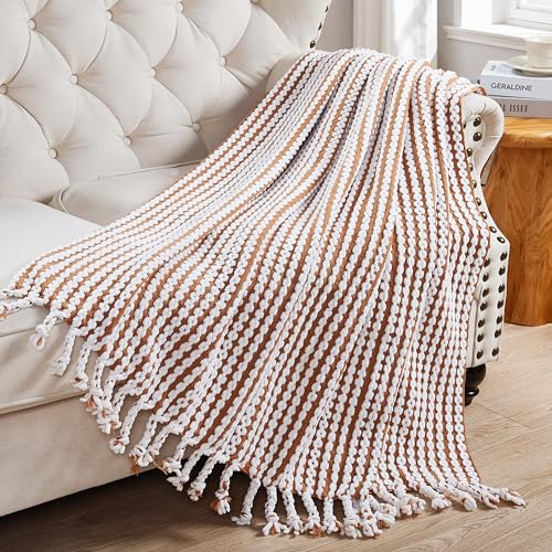 Striped Knit Throw Blanket with Braided Tassels 50" x 60", Hand Knitted Soft Chunky Chain Design Boho Farmhouse Blanket, Two Tone Tassel Decor Throw for Couch Bed Sofa Outdoor, Camel White - color: Camel White