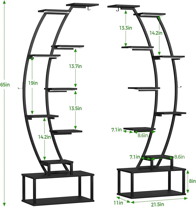 Plant Stand Shelf Rack Indoor with 8 Built in Grow Light, 10 Tiered 65" Tall Black Large Lighted Half Moon Curved Plant Stand for Indoor Growing, 2 Pack Arch Sturdy High Herb Flower Shelving