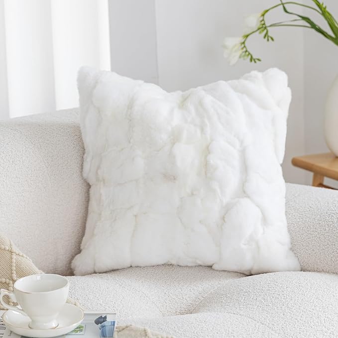 MOOX Rabbit Fur Throw Pillow Covers Decorative Fluffy Soft Fuzzy Plush Luxury Genuine Animal Skin Lumbar Pillow 12"x20" Cushion Cover, Sofa, White
