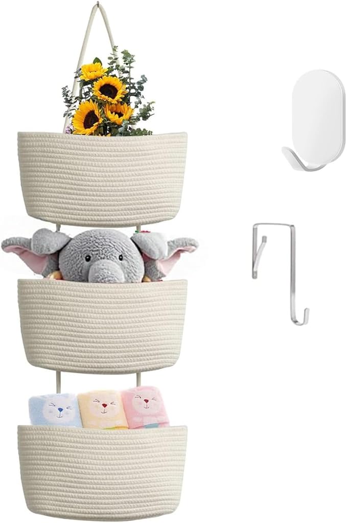 Hanging Baskets for Organizing,Over the Door Organizers and Storage,3-Tier Woven Cotton Wall-Mounted Storage Organizer Bag Decorative,Kitchen,Living Room,Bathroom,Bedroom,White