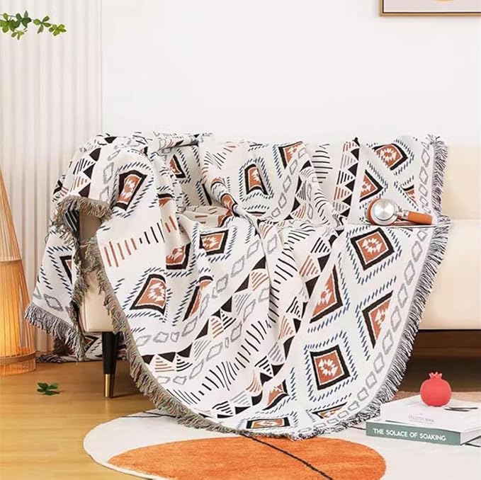 Lqprom Boho Throw Blankets Knit Bed Blankets with Tassel Aztec Western Throws Cover Farmhouse Decor for All Season Sofa Couch Chair Outdoor Camping Picnic Tent Beach Car Traveling 63"x87"