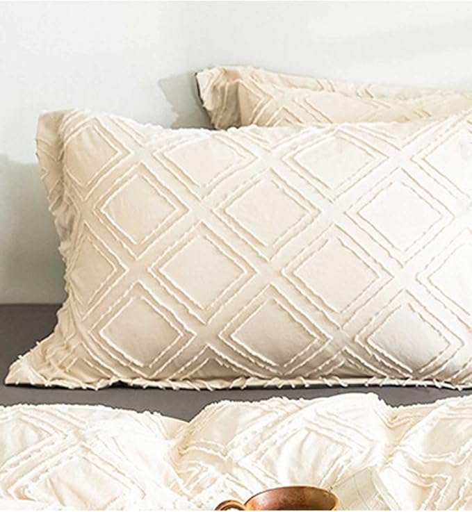 Nanko Pillow Case/Pillow Shams Queen Set of 2, Beige Cream Tan Tufted Jacquard Diamond Boho Soft Shabby Chic Microfiber Pillow Covers, for Home Bed, Farmhouse Modern for Men and Women 20 x 30 inch