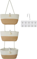 TeoKJ Over the Door Hanging Baskets with Wooden Button, 3-Tier Wall-Mounted Decorative Nursery Kitchen Baskets, White & Jute