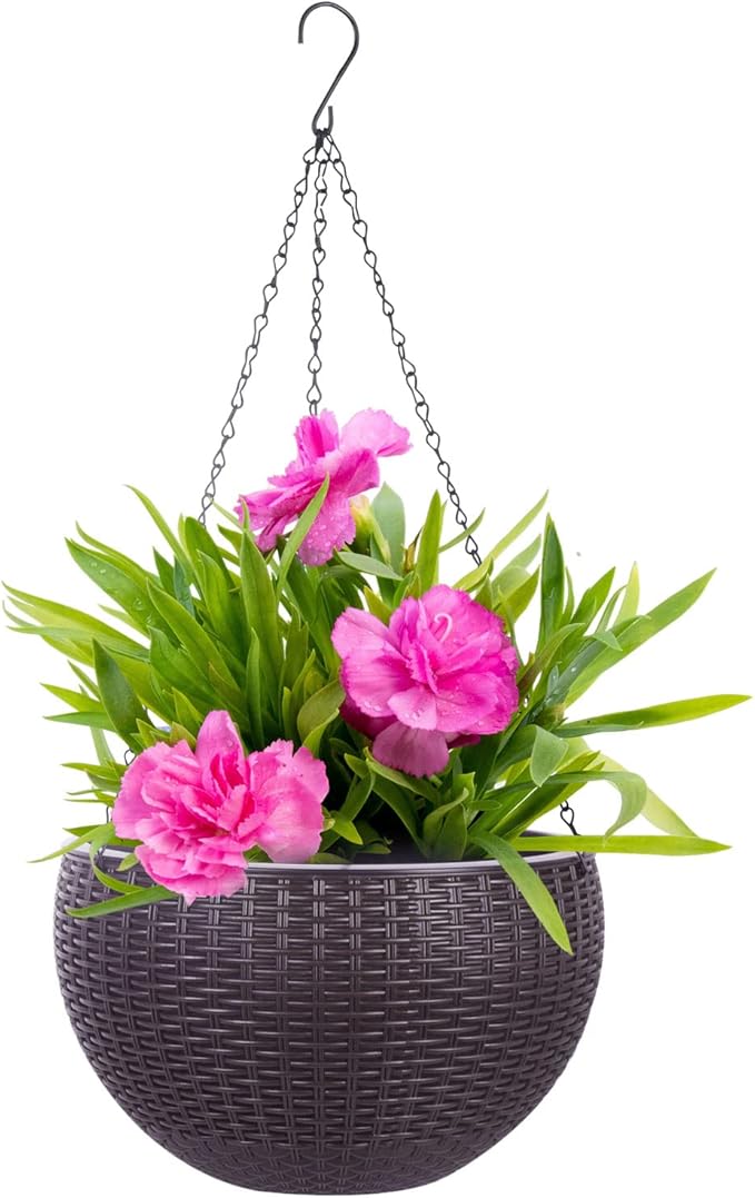 Vencer 11 Inch Round Resin Rattan Hanging Planters,Self Watering Hanging Basket for Indoor Outdoor Plants,Hanging Flower Pots with Drain Hole and Metal Chain,Water Indicator,Coffee,VF-A15-C