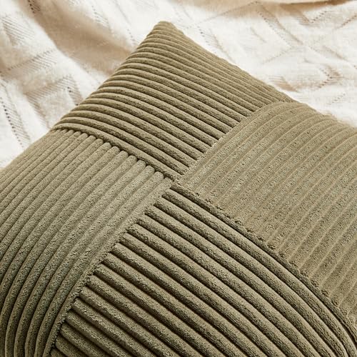 Fancy Homi 2 Packs Olive Green Samll Decorative Throw Pillow Covers 12x12 Inch with for Couch Bed Sofa, Rustic Farmhouse Boho Home Decor, Soft Corss Patchwork Corduroy Square Cushion Case 30x30 cm - color: Olive Green, size: 12" x 12" (Pack of 2)