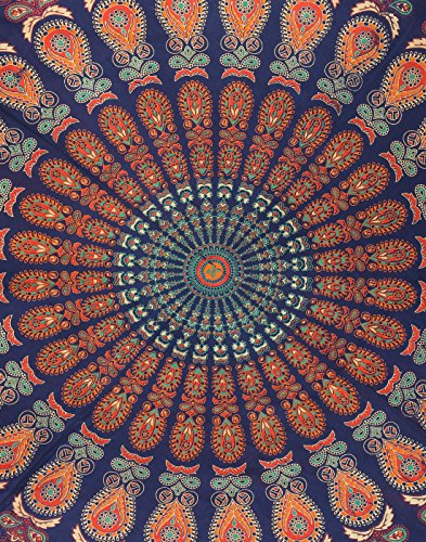 RAJRANG Boho Mandala Roundie Gypsy Hippie Tapestry Decorative Cotton Tablecloth Meditation Yoga Mat - Golden Blue - 72 Inches - color: Golden Blue, size: 72"L x 72"W