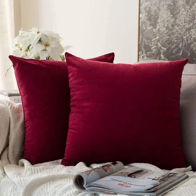 MIULEE Pack of 2 Velvet Soft Solid Decorative Square Throw Pillow Covers Cushion Case for Sofa Couch Bedroom Car 16x16 Inch Wine Red