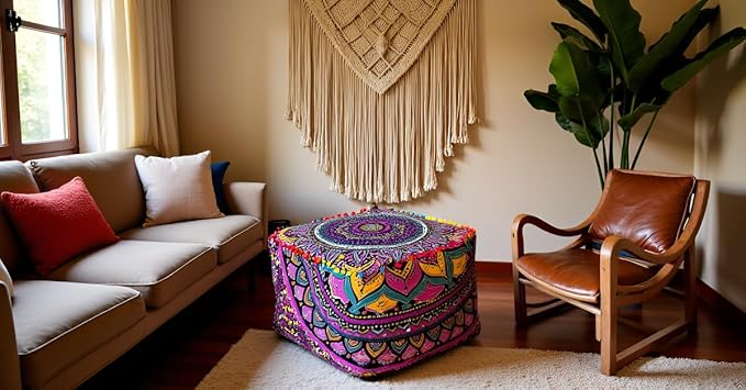 CRAFT KALA Large Hippie Mandala Meditation Floor Ottoman Pillow Cushion Pouf Cover Square Poufs Cover Bohemian Floor Cushion Cover Outdoor Fireplace Living Room Decor 22X22X14 inches, New Pink Ombre