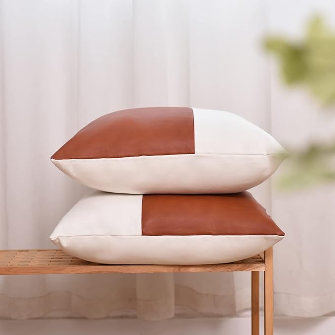 Tosewever Faux Leather/Cotton Throw Pillow Covers, Set of 2 Modern Country Farmhouse Decorative Luxury Boho Pillowcases for Bedroom Living Room Couch Bed Sofa Home Decor (Brown/White, 18" x 18")