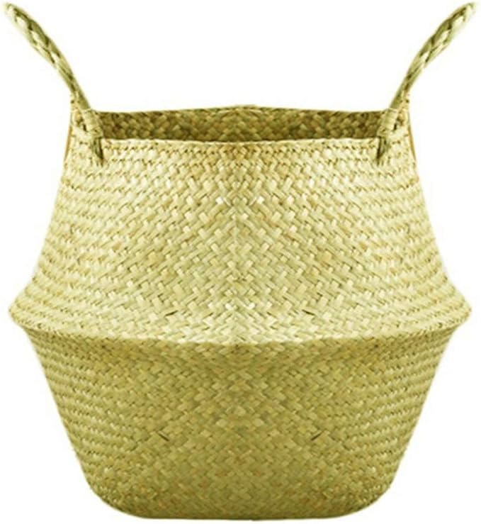 Newooh Craft Small Seagrass Belly Basket for Storage, Laundry, Picnic and Woven Straw Beach Bag - Plant Pots Cover Indoor Decorative