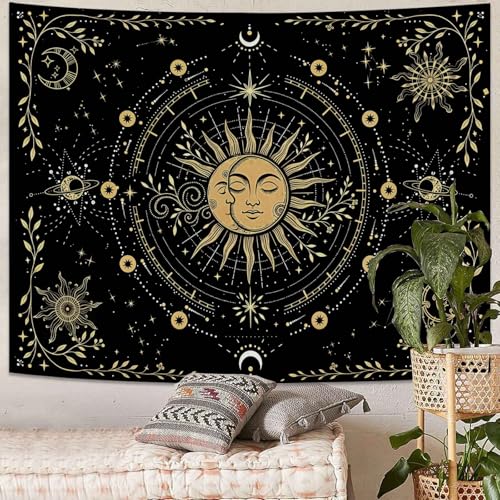 Kanuyee Celestial Sun and Moon Tapestry, Cosmic Stars Wall Tapestry, Bohemian Galaxy Tapestries for Room Decor, Artistic Tapestry 80"x60" - color: Gold Black, size: 80"L x 60"W