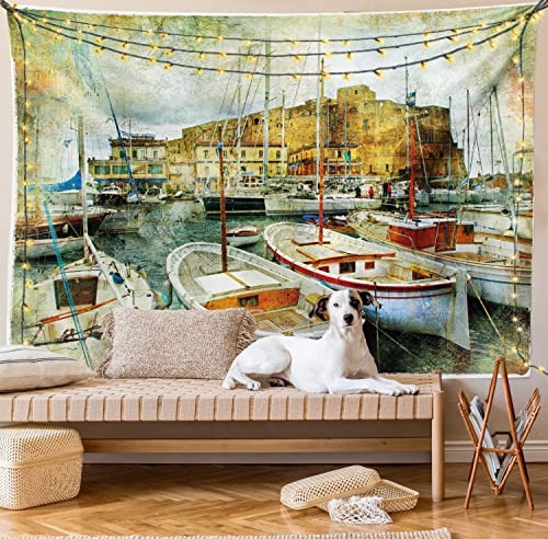 Ambesonne Marine Tapestry, Naples Small Boats at Historical Italian Coast Heritage Castle Nautical Art, Wide Wall Hanging for Bedroom Living Room Dorm, 60" X 40", Earth Yellow - color: Earth Yellow, size: 60"L x 40"W
