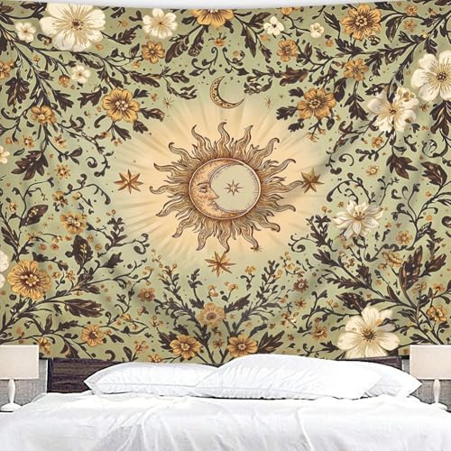 Riyidecor Boho Sun and Moon Tapestry 91Wx71H Inch Green Bohemian Floral Flower Leaves Plant Botanical Vintage Retro Rustic Country Wall Hanging Artistic Home Dorm Decor Art Living Room Bedroom - color: A-green, size: 71L" x 91W"