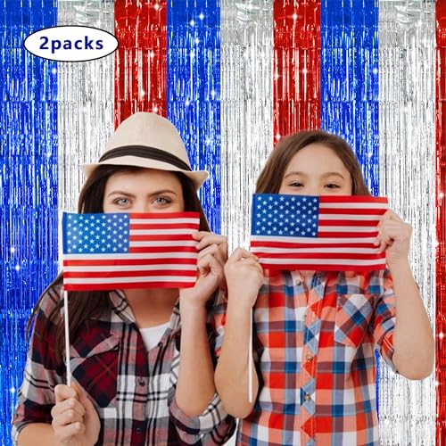 TONIFUL Red White and Blue Tinsel Foil Fringe Curtains,4th of July Decorations Independence Day Photo Booth Backdrop,Metallic Door Streamers for Patriotic Party Memorial Day Labor Day Supplies - color: Blue Silver Red
