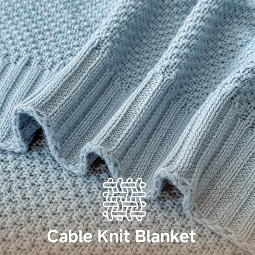 Simple&Opulence 100% Cotton Throw Blanket, Solid Color Cable Knitted Blanket Super Soft Comfortable Breathable Decorative Farmhouse for Couch Sofa Bed, All Season Use(Winter Blue,50x60) - color: Winter Blue, size: Throw 50x60"