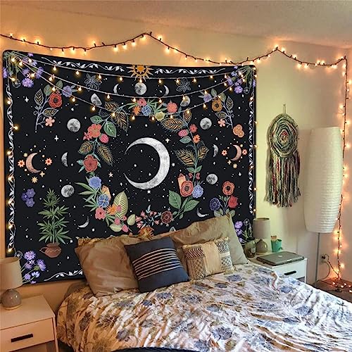Kanuyee Floral Moon Tapestry Flower Tapestry for Bedroom Boho tapestries Wall Hanging Aesthetic for Bedroom and Living Room Moon 60×80 Inches - color: Colorful Black, size: 80"L x 60"W