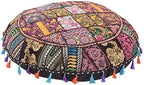 Indian Handmade Patchwork Codework Round Pouf Cover Ottoman Floor Pillow Cushion Seating Throw Decorative Pom Pom Pillow Cases Pouffe Poufs for Sitting Bohemian 32 Inches