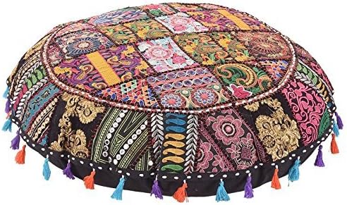 Indian Handmade Patchwork Codework Round Pouf Cover Ottoman Floor Pillow Cushion Seating Throw Decorative Pom Pom Pillow Cases Pouffe Poufs for Sitting Bohemian 32 Inches