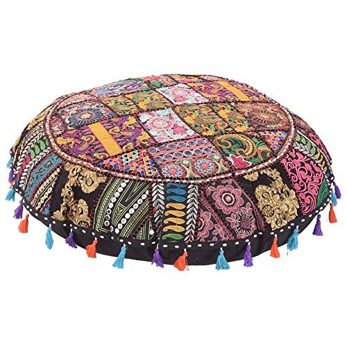 Indian Handmade Patchwork Codework Round Pouf Cover Ottoman Floor Pillow Cushion Seating Throw Decorative Pom Pom Pillow Cases Pouffe Poufs for Sitting Bohemian 32 Inches - color: Black
