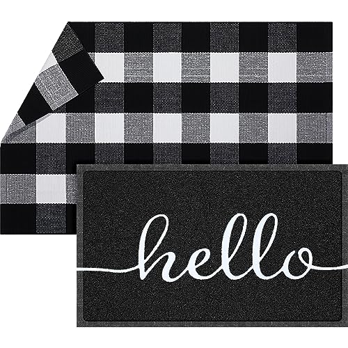 Geelin 2 Pcs 30'' x 18'' Doormat 43'' x 27.5'' Black and White Layered Rug for Front Door Mat Outside Entrance Welcome Door Mats for Indoor Outdoor Entryway Porch Decor(Hello) - style: Hello