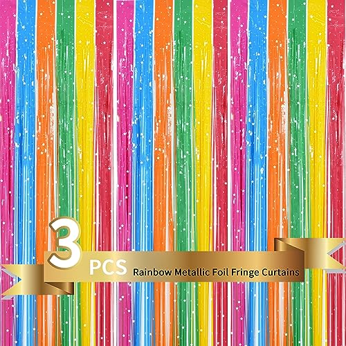 TONIFUL 3Pcs Colorful Door Streamers,Photo Booth Backdrop Metallic Colorful Foil Fringe Curtains for Halloween Birthday,Christmas,New Year,Bachelorette,Grad Party Streamers Decor(9.9ft x 6.6ft) - color: Dark Colorful