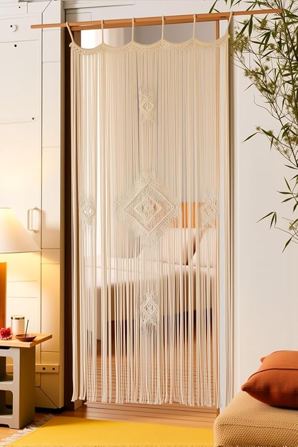 IOWER Macrame Curtain Handmade Ivory 35" W x 74" L, Boho Curtains for Bedroom, Living Room, Doorway, Wedding Backdrop, Macrame Wall Hanging, Apartment, Closet, Arch