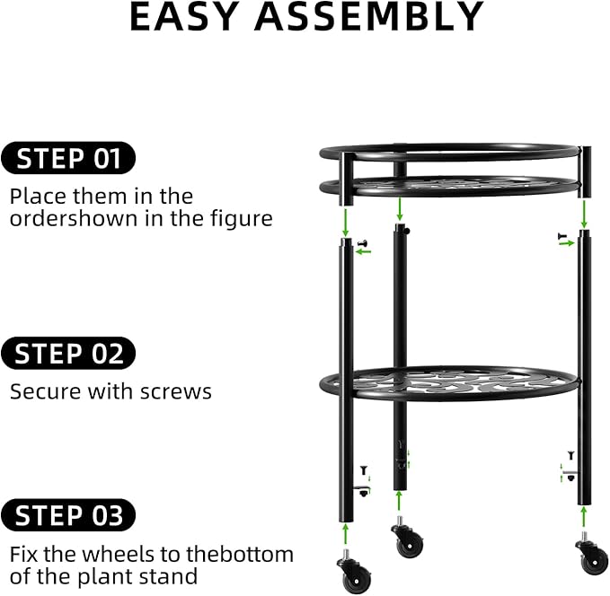 2 Tier Rolling Plant Stand with Wheels, Mid Century Modern Metal Stand for Planters, 2 Sizes 9 Inch & 11 Inch, Indoor Outdoor Movable Flower Pot Holder for Decor Home Garden Patio Load Bearing 165 LB 2 Pack Black