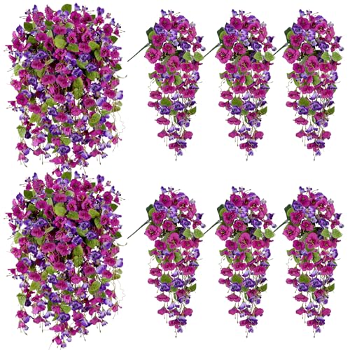 6Pcs Artificial Hibiscus Fake Hanging Flowers, Silk Faux Flowers for Outdoor Planters, UV Resistant Artificial Outdoor Plants for Hanging Baskets, Porches, Patios Decorations (Purple + Red) - color: Purple + Red