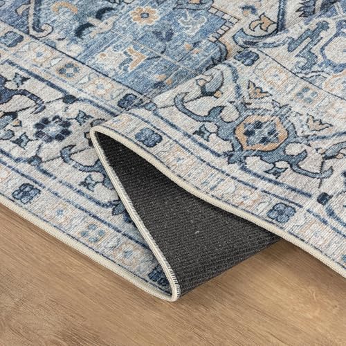 Bloom Rugs Caria Washable Non-Slip 4x6 Rug - Blue Traditional Area Rug for Living Room, Bedroom, Dining Room, and Kitchen - Exact Size: 4' x 6' - color: Blue, size: 4' x 6' (Rectangular)