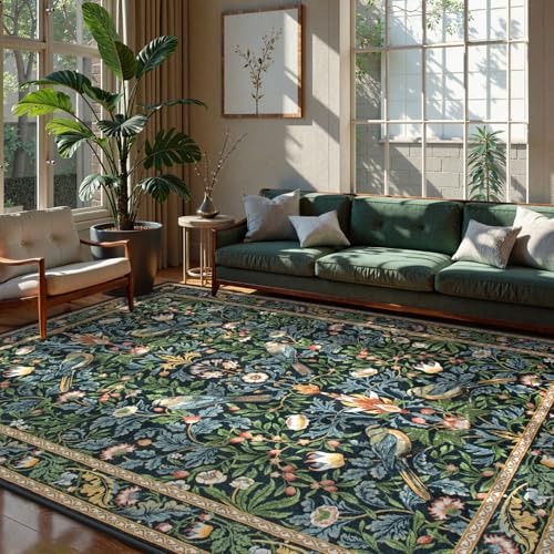Beeiva Vintage Bird Washable Rugs for Living Room 5x7, Botanical Non Slip Stain Resistant Dining Room Rugs for Under Table, Floral Soft Carpet for Bedroom Dorm Classroom Decor (Dark Green/Navy Blue) - color: Dark Green/Blue, size: 5' x 7' (Rectangular)