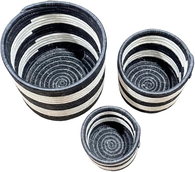 African Planter Baskets Sets of 3 Woven Sisal Baskets for Indoor Plant Pots Covers Home Decor Storage Organizer Gifts Zen Designs Arts and Crafts (Stripe Black White)