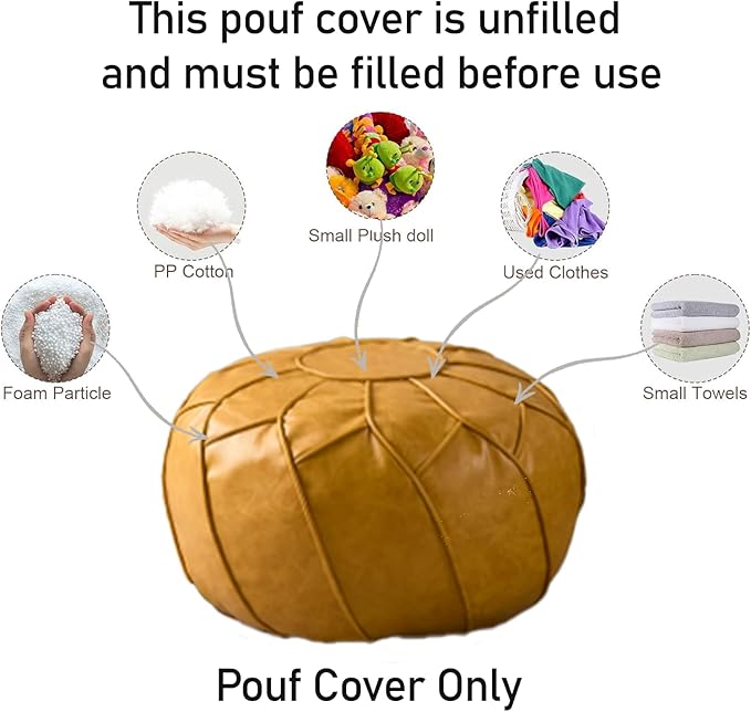 Louis Donné Moroccan Pouf Cover Unstuffed Waterproof Faux Leather Ottoman Foot Rest, Round Storage Bean Bag Chair for Stuffed Animals, Boho Floor Cushion for Living Room Patio, (Yellow)