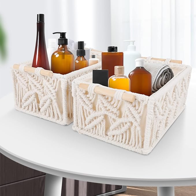 ANMINY 3PCS Macrame Storage Baskets for Organizing Boho Decor Baskets Storage Bins with Wood Handles Handmade Decorative Storage Boxes Desk Toilet Tank Bathroom Self Basket Organizer - Leaves
