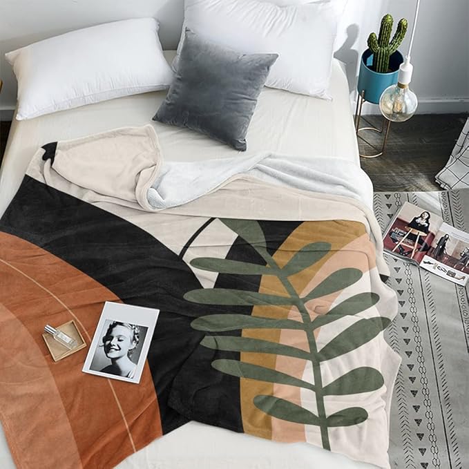 Boho Mid Century Blankets Black Geometric Throws Beige Abstract Modern Throw Blanket Minimalist Sun Soft Warm Bed Bedding Blankets for Couch Bedroom Sofa Office Cozy Flannel Blanket 70"X80"