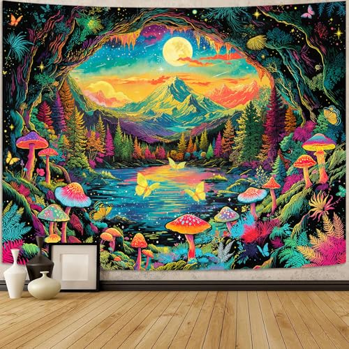 Zussun Blacklight Mushroom Forest Tapestry UV Reactive Nature Mountain Moon Butterfly Tapestry for Bedroom Aesthetic Landscape Small Tapestries Wall Hanging for Dorm Living Room Decor 60 x 44 Inch - color: Warm Yellow, size: 60"L x 44"W