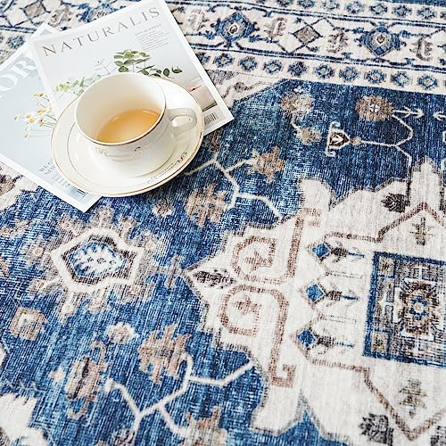 2x3 Washable Vintage Area Rug: Indoor Soft Entryway Rug with Non Slip Backing Water Resistant Carpet for Kitchen Bathroom Laundry Low Pile Door Mat Perfect for Homes with Cats & Dogs(2x3,Blue) - color: Blue, size: 2' x 3' (Rectangular)