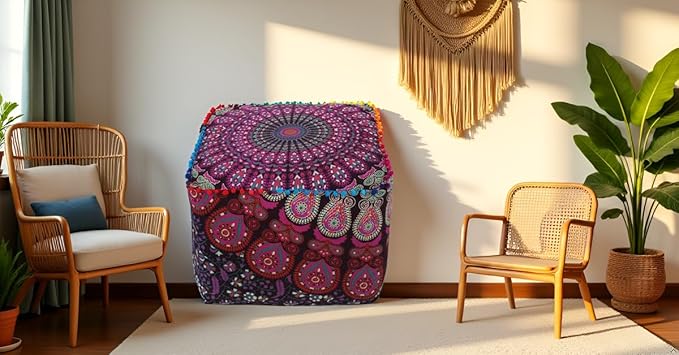 CRAFT KALA Indian Square Patchwork Traditional Pouf Cover Indian Living Room Poufs Cover Decorative Designer Ottoman Home Living Footstool Chair Cover Ottoman Decor 20X20X14 inches, Pink Mirchi