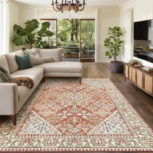 6x9 Area Rugs for Living Room, Machine Washable Low Pile Rug, Non Slip Backing Boho Rugs for Bedroom, Printed Soft Vintage Carpet Orange 6 x 9 - color: 03/Cinnamon/Clay/Laurel/Babyblue, size: 6' x 9' (Rectangular)